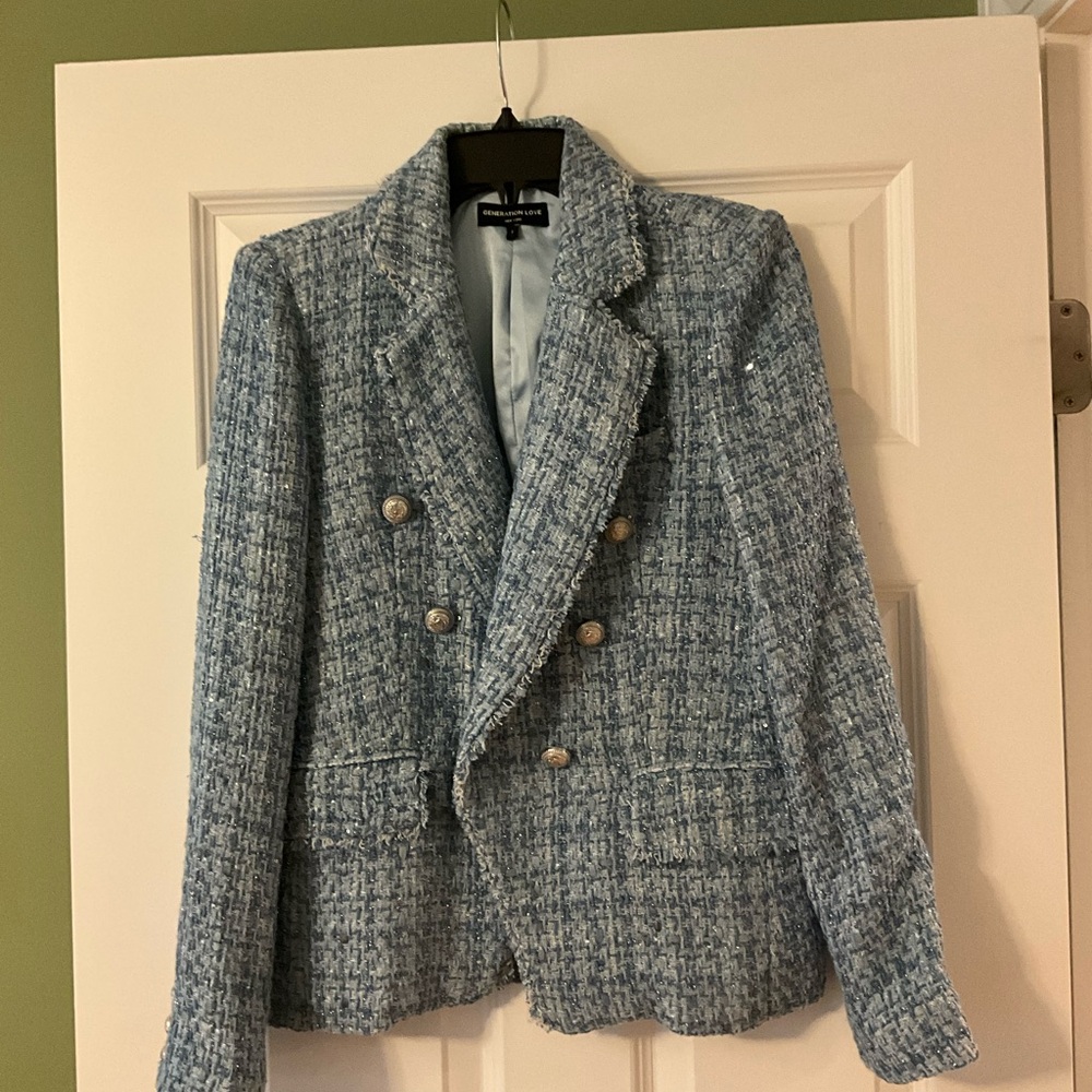 Generation Love Light Blue Tweed Jacket with Metallic Buttons